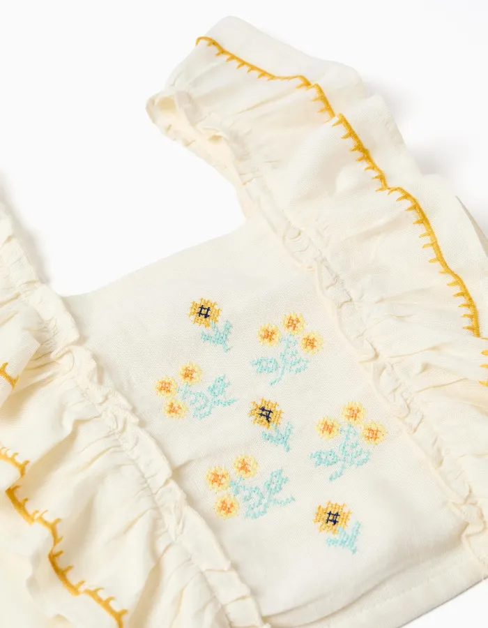 Cotton and linen top with ruffled straps for girls, light beige