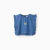 Denim poncho-styled top with ruffles and embroidery for girls, blue