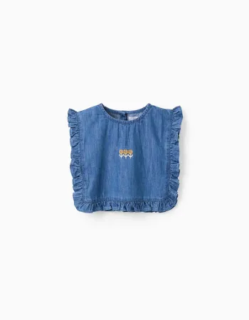 Denim poncho-styled top with ruffles and embroidery for girls, blue
