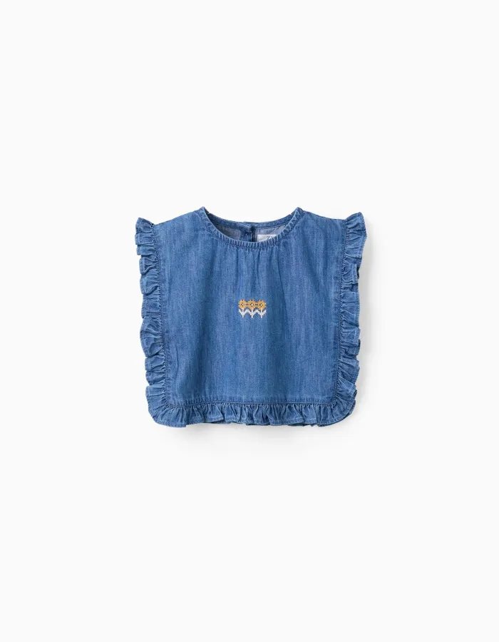 Denim poncho-styled top with ruffles and embroidery for girls, blue