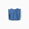 Denim poncho-styled top with ruffles and embroidery for girls, blue