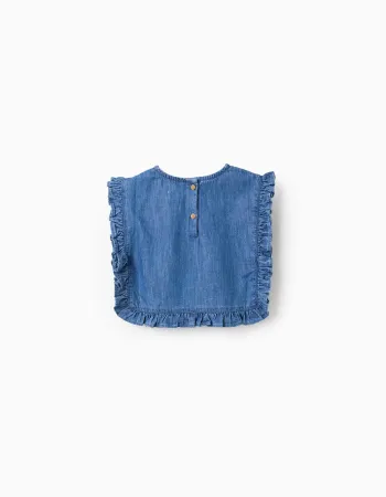Denim poncho-styled top with ruffles and embroidery for girls, blue