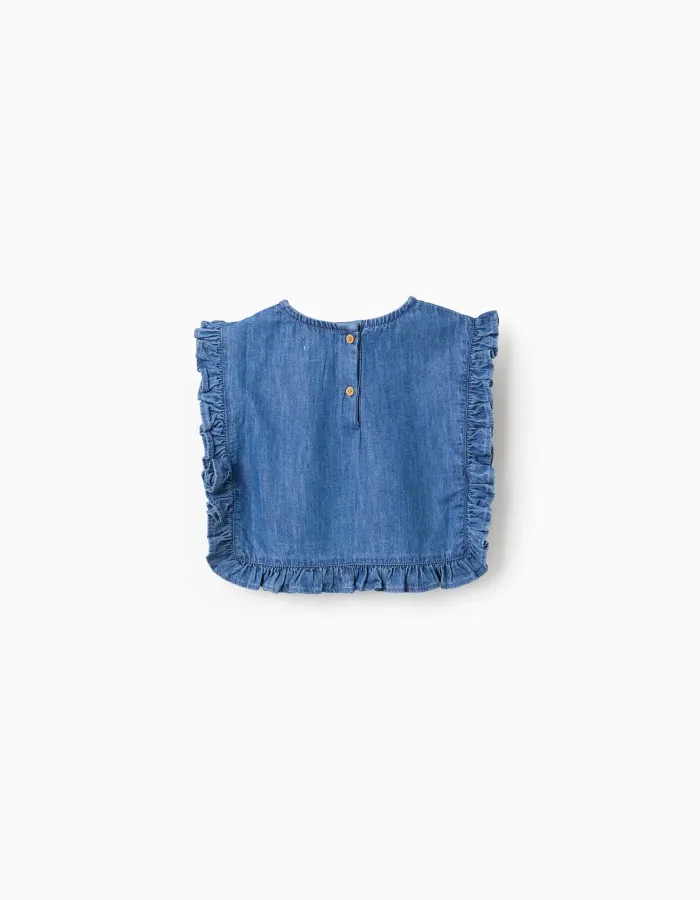 Denim poncho-styled top with ruffles and embroidery for girls, blue