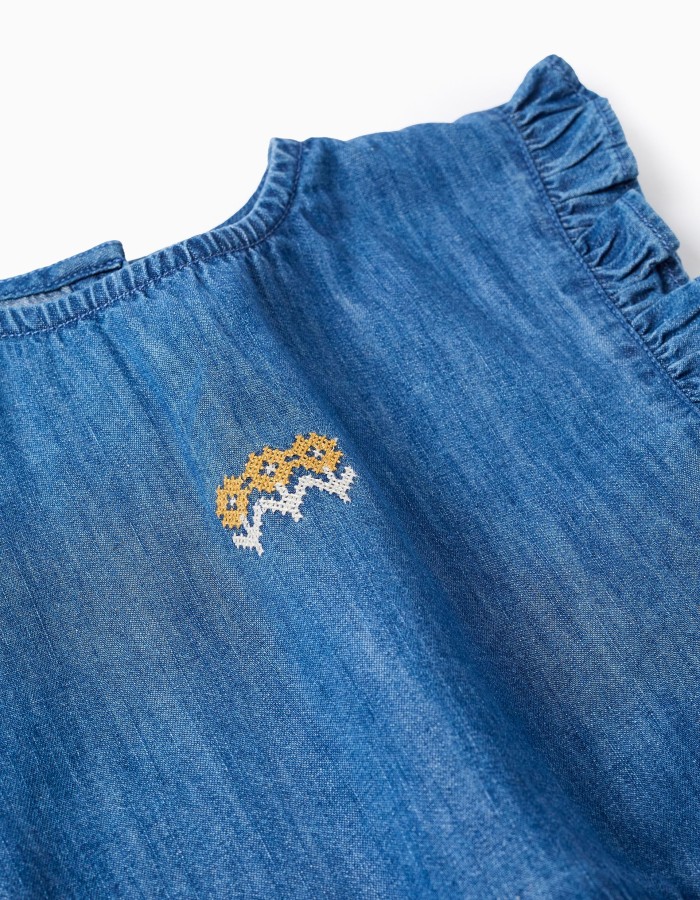 Denim poncho-styled top with ruffles and embroidery for girls, blue