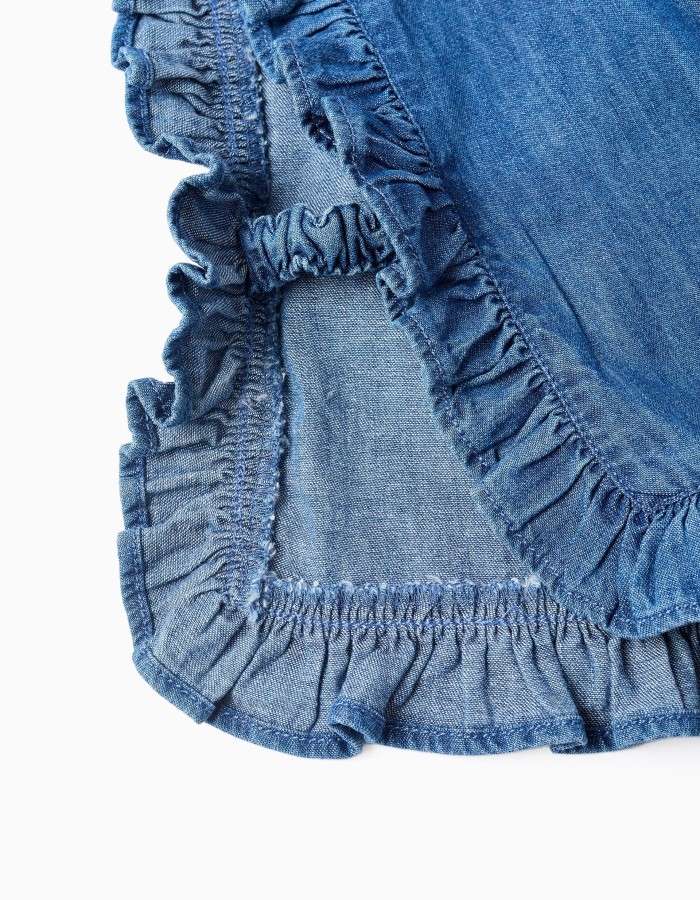Denim poncho-styled top with ruffles and embroidery for girls, blue