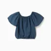 Lyocell top with elastic collar and waistband for girls, dark blue