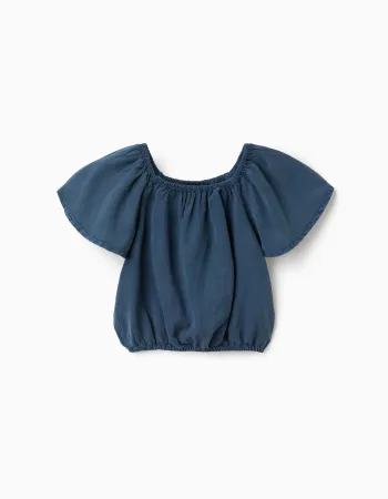 Lyocell top with elastic collar and waistband for girls, dark blue