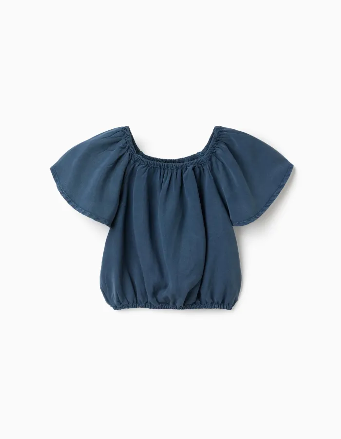 Lyocell top with elastic collar and waistband for girls, dark blue