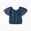 Lyocell top with elastic collar and waistband for girls, dark blue