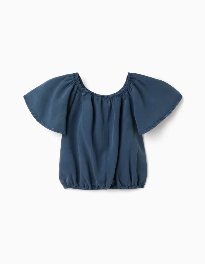 Lyocell top with elastic collar and waistband for girls, dark blue