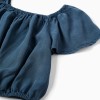 Lyocell top with elastic collar and waistband for girls, dark blue
