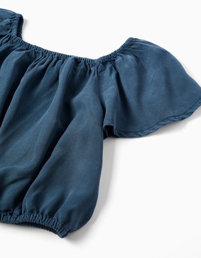 Lyocell top with elastic collar and waistband for girls, dark blue