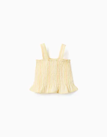 Sleeveless top with stripes and smocked elastic for girls, yellow