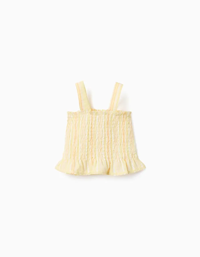 Sleeveless top with stripes and smocked elastic for girls, yellow