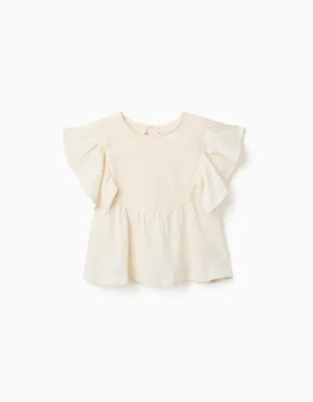 Cotton T-shirt with ruffled sleeves for girls, light beige