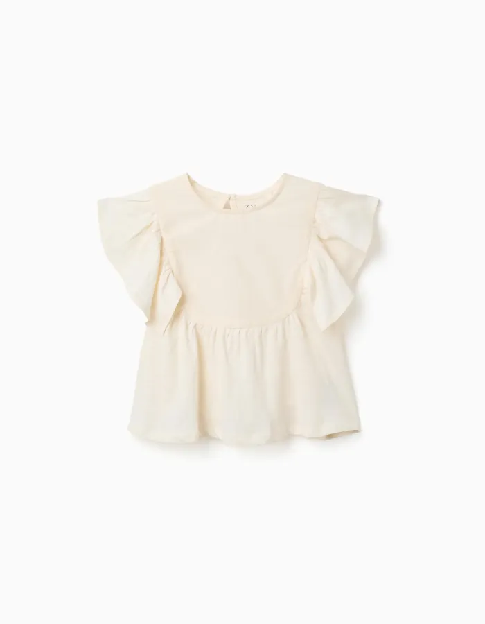 Cotton T-shirt with ruffled sleeves for girls, light beige