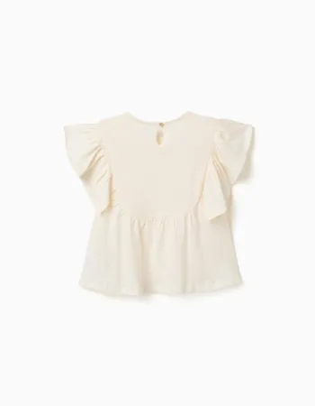 Cotton T-shirt with ruffled sleeves for girls, light beige