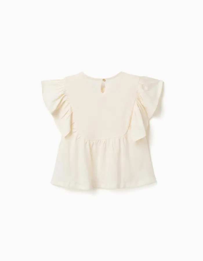 Cotton T-shirt with ruffled sleeves for girls, light beige