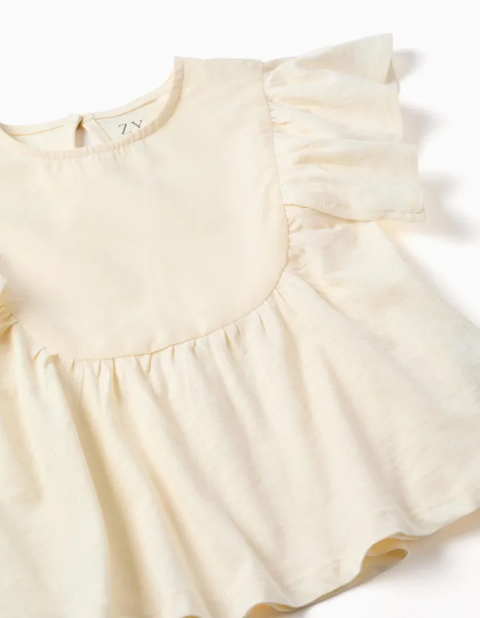 Cotton T-shirt with ruffled sleeves for girls, light beige