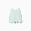 Sleeveless top in cotton and linen with ruffles for girls, light green