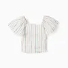 Cropped cotton blouse with ethnic stripes B&S for girls, multicolour