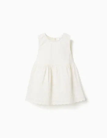 Sleeveless cotton blouse with broderie anglaise for girls, light beige