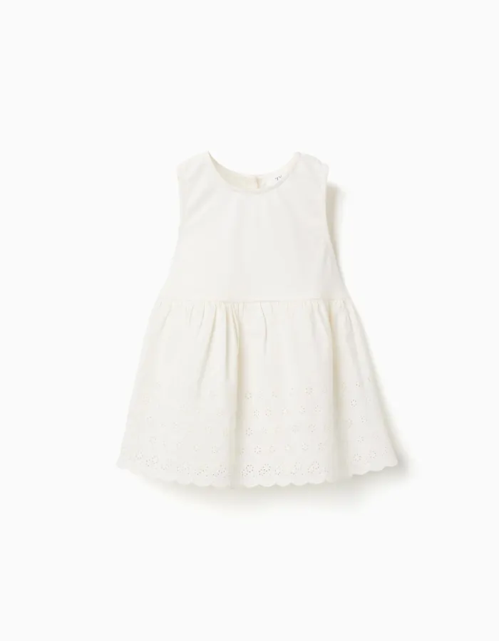 Sleeveless cotton blouse with broderie anglaise for girls, light beige