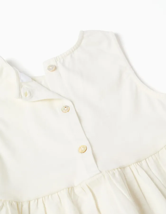Sleeveless cotton blouse with broderie anglaise for girls, light beige