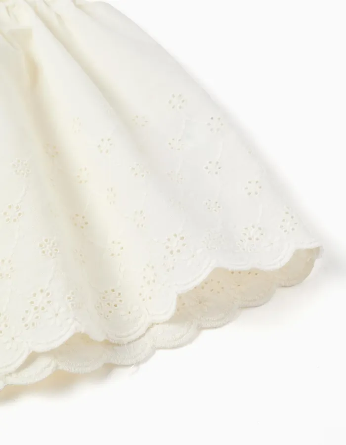 Sleeveless cotton blouse with broderie anglaise for girls, light beige