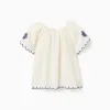 Blouse in cotton and linen with flowers for girls, light beige/blue
