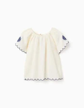 Blouse in cotton and linen with flowers for girls, light beige/blue