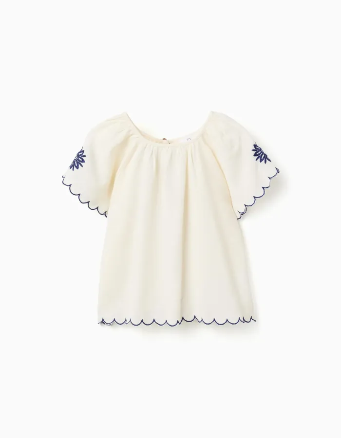 Blouse in cotton and linen with flowers for girls, light beige/blue