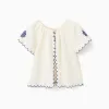 Blouse in cotton and linen with flowers for girls, light beige/blue