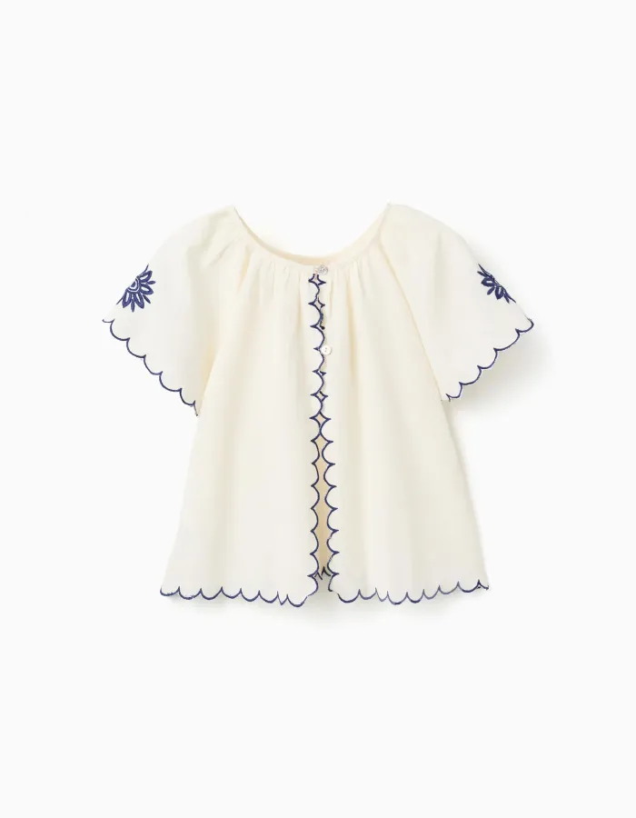 Blouse in cotton and linen with flowers for girls, light beige/blue