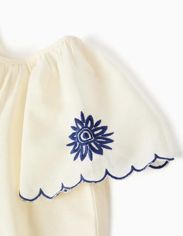 Blouse in cotton and linen with flowers for girls, light beige/blue