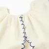 Blouse in cotton and linen with flowers for girls, light beige/blue