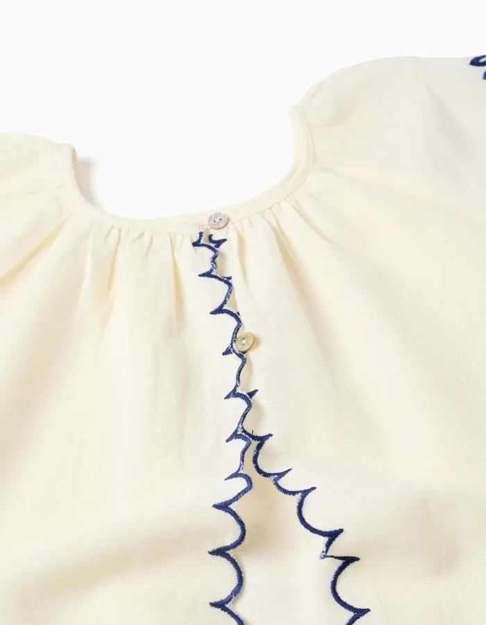 Blouse in cotton and linen with flowers for girls, light beige/blue