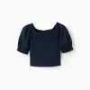 Cotton blouse with smocked elastic and ruffles for girls, dark blue