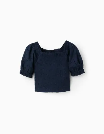 Cotton blouse with smocked elastic and ruffles for girls, dark blue