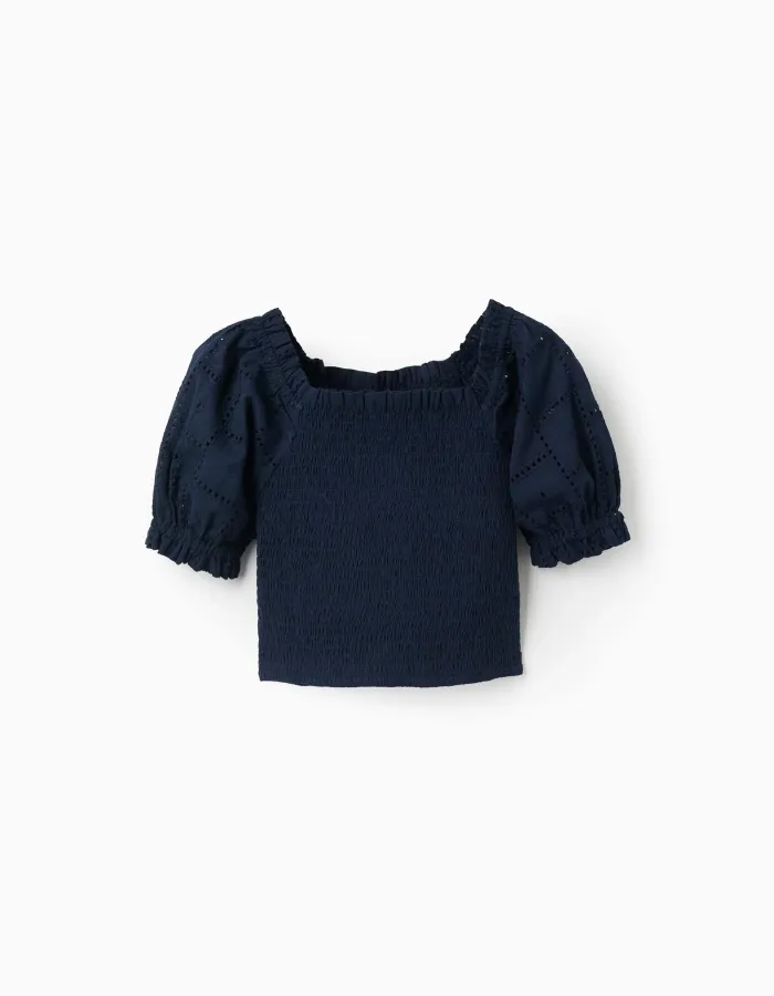 Cotton blouse with smocked elastic and ruffles for girls, dark blue