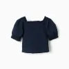Cotton blouse with smocked elastic and ruffles for girls, dark blue