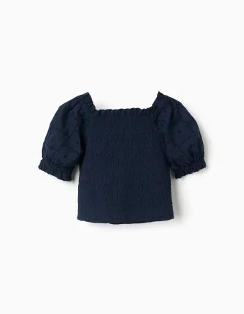 Cotton blouse with smocked elastic and ruffles for girls, dark blue