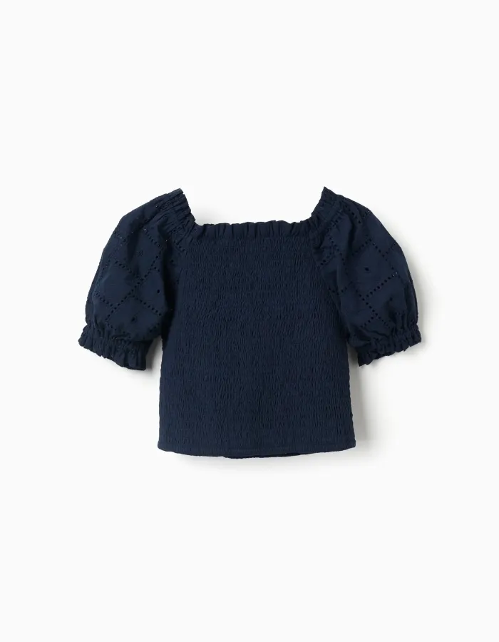 Cotton blouse with smocked elastic and ruffles for girls, dark blue