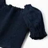 Cotton blouse with smocked elastic and ruffles for girls, dark blue