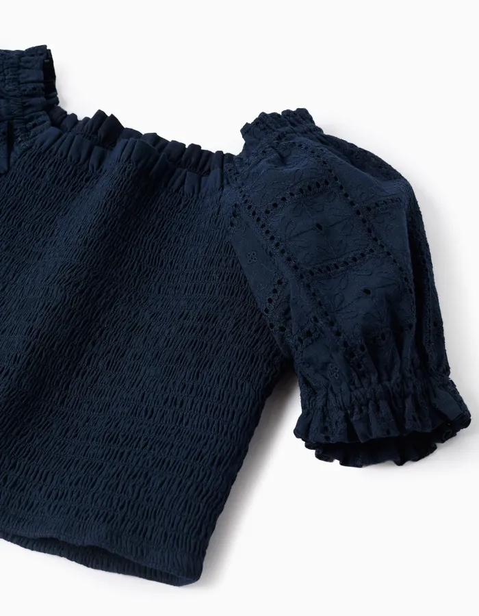 Cotton blouse with smocked elastic and ruffles for girls, dark blue