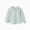 Cotton shirt with broderie anglaise and ruffles for girls, light blue
