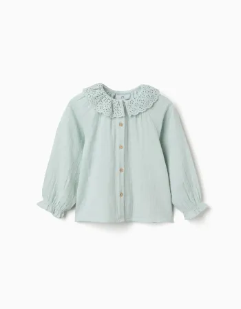 Cotton shirt with broderie anglaise and ruffles for girls, light blue