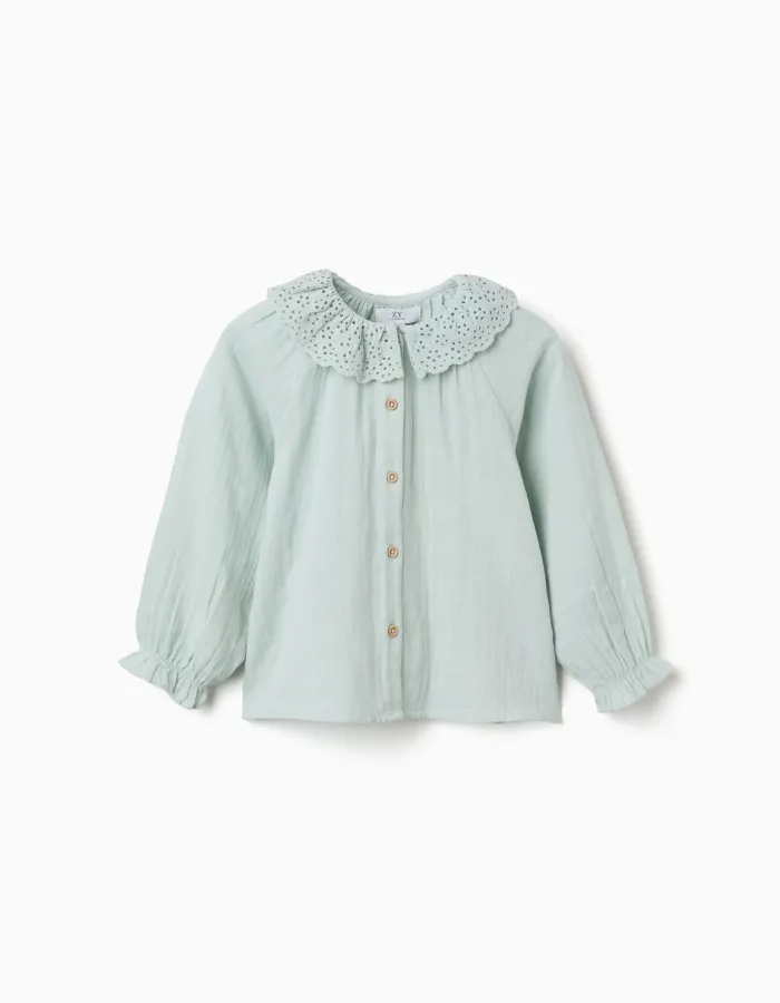 Cotton shirt with broderie anglaise and ruffles for girls, light blue