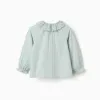 Cotton shirt with broderie anglaise and ruffles for girls, light blue