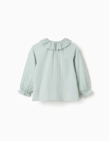 Cotton shirt with broderie anglaise and ruffles for girls, light blue